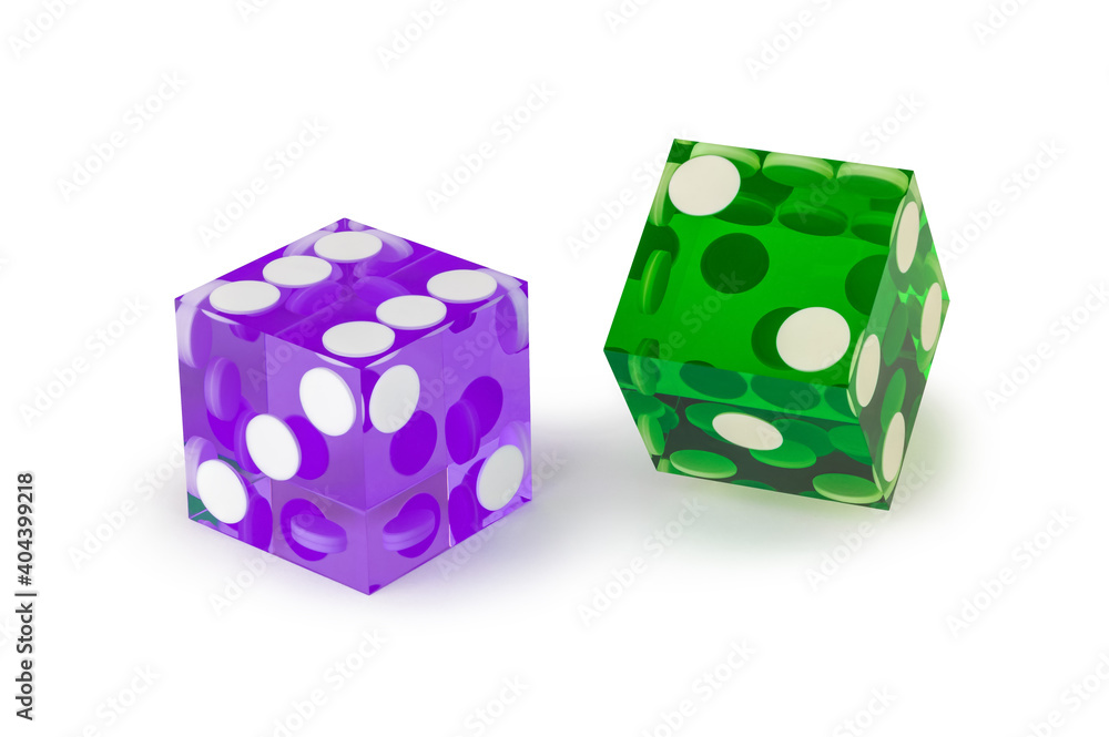 Ταπετσαρία Two glass dice of different colors, blue and green, isolated on white, with a light shadow