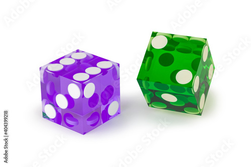 Bilde på lerret Two glass dice of different colors, blue and green, isolated on white, with a light shadow