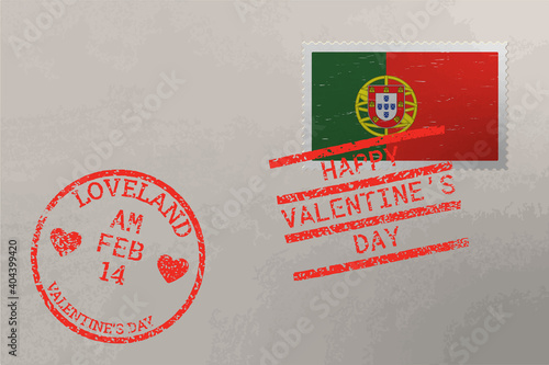 Postage stamp envelope with Portugal flag and Valentines Day stamps, vector