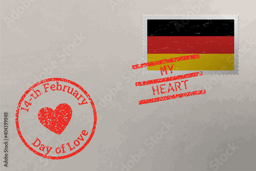 Postage stamp envelope with Germany flag and Valentines Day stamps, vector