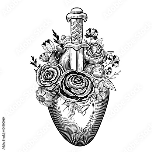 Vintage illustration of heart pierced by dagger with flowers in tattoo engraving style. Black and white vector drawing.