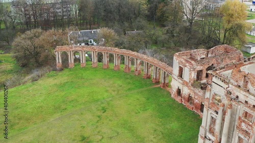 Ruzhansky Palace and the ruins of the facade of an abandoned ruined building of an ancient castle of the 18th century.Belarus photo