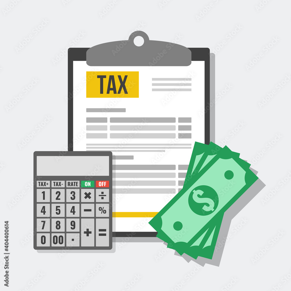 Fotografie tax application form with calculator and dollar banknotes, flat vector illustrat