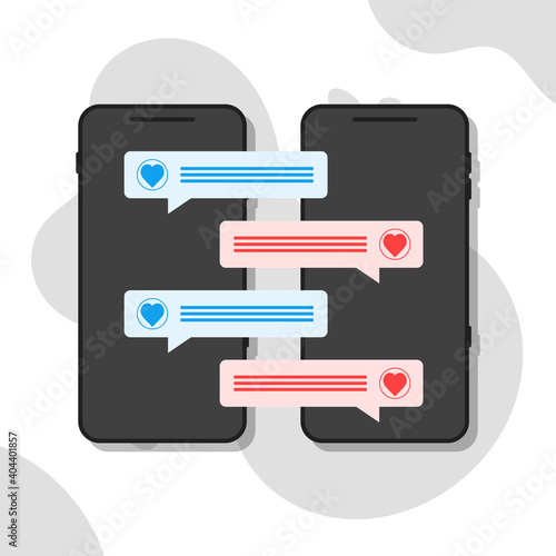 two mobile phones with love chart, online dating or relationship concept