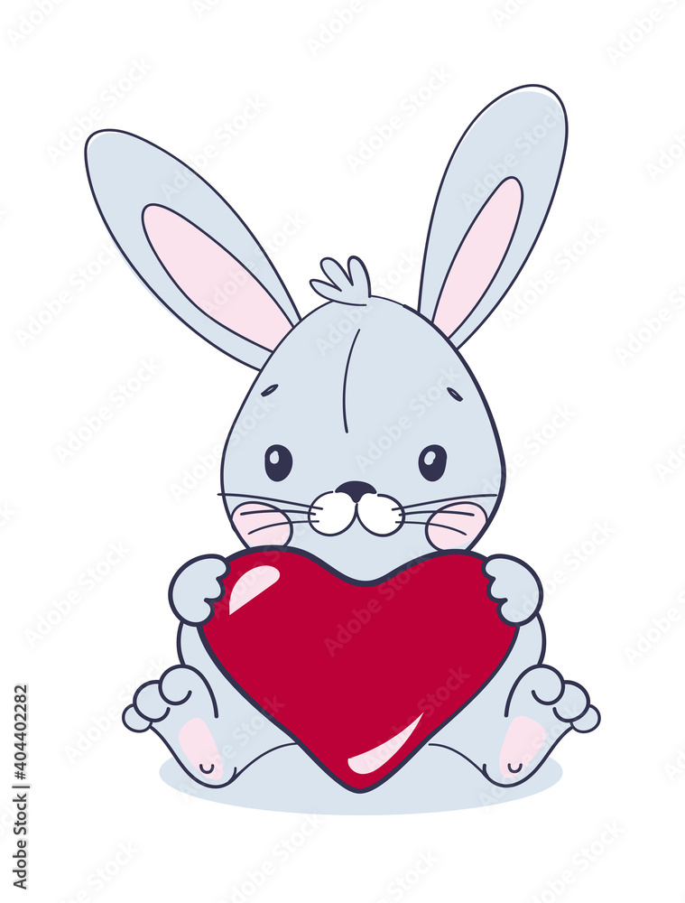 Fototapeta premium Sweet bunny sitting and holding a big red heart. Cute animal for Valentine s Day. Vector illustration for baby shower isolated on white background, flat cartoon design