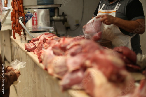 Fillet steak beef meat in mexican market, Panorama banner with an assortment of raw meats