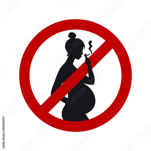 No smoking sign during pregnancy, black female silhouette of a pregnant woman with a cigarette in her hand. Vector illustration isolated on white background