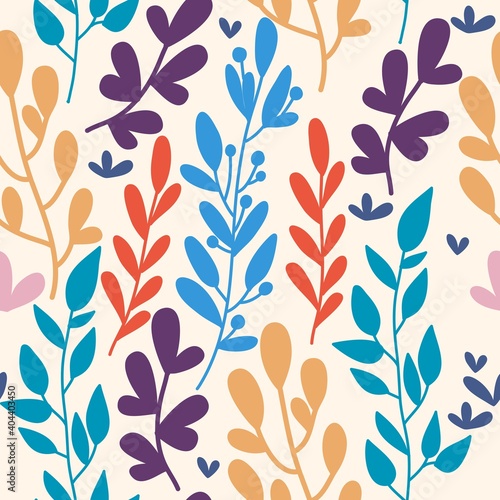 Bright flowers and herbs on a beige background, seamless botanical pattern