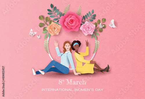 International Women's Day, two happy women with different nationalities sitting with flowers background in paper illustration, 3d paper.