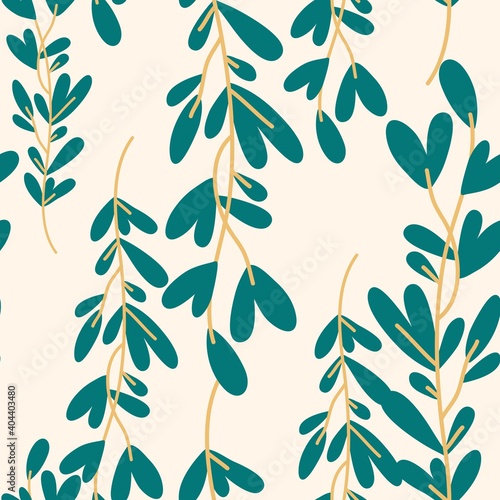 Vegetable seamless vector pattern of colorful branches and leaves on a beige background