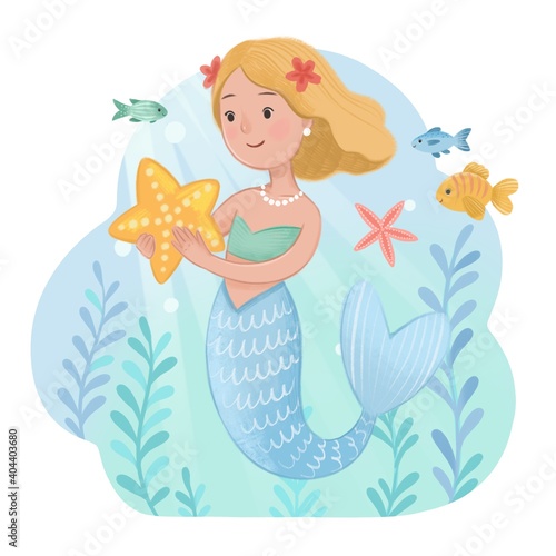 Cute mermaid with a fish