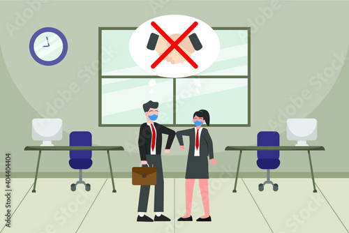 New normal vector concept: Young businessman and businesswoman doing greeting elbow bump in the office while wearing face mask 