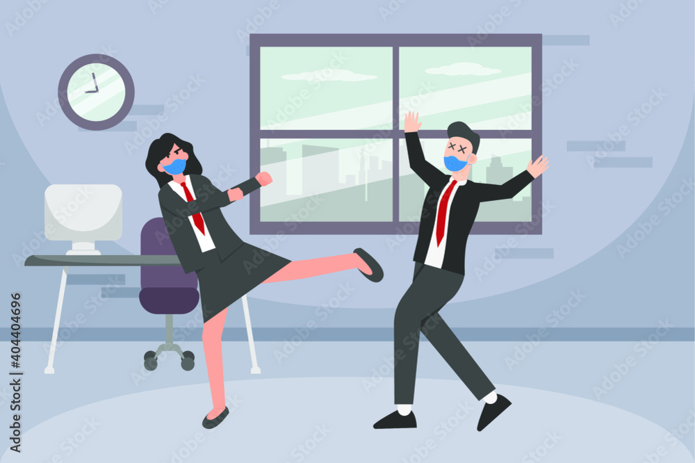 Business competition vector concept: Young businesswoman kicking her male partner in the office while wearing face mask 