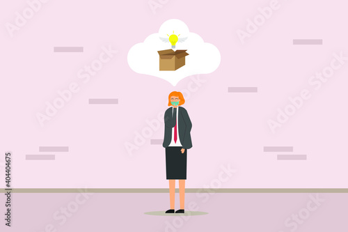Businesswoman in face mask think outside the box. Creative idea vector concept