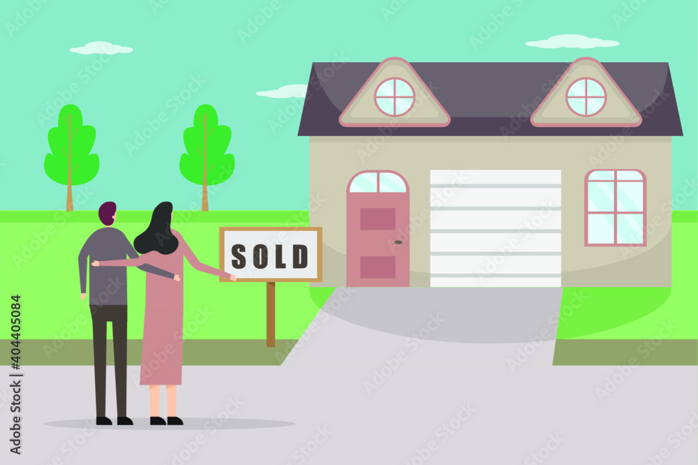 Rear view of couple looking at sold house. Real estate vector concept