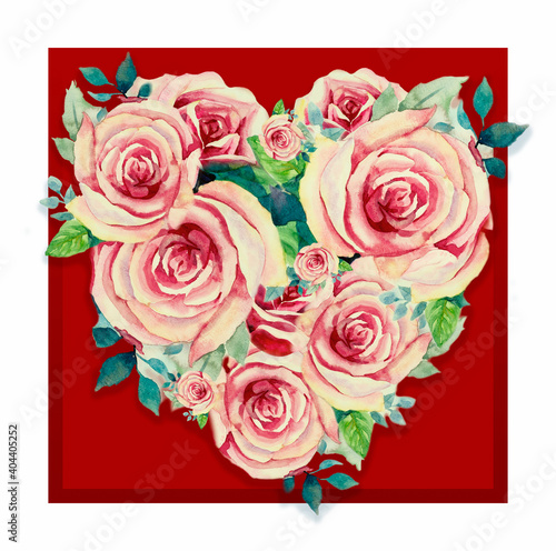 Valentine card with bright pink rose flowers.