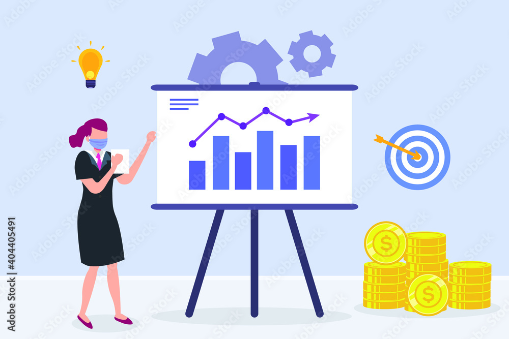 Businesswoman in face mask giving presentation with financial graph. Business vector concept Businesswoman in face mask giving presentation with financial graph. Business vector concept