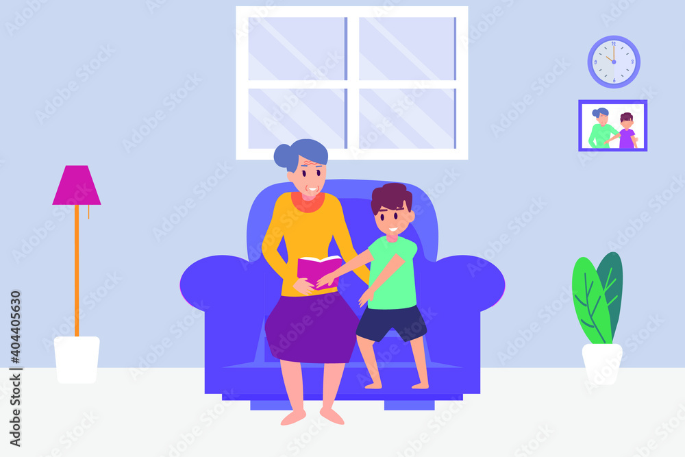 Quality time vector concept: Grandmother and little boy reading a book together while sitting on the sofa
