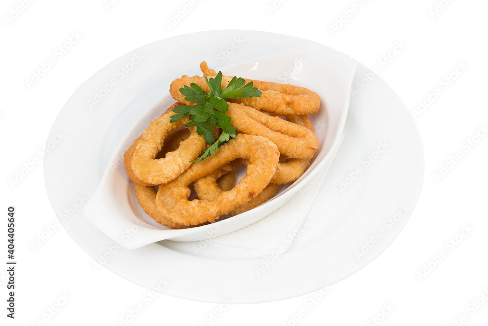 Restaurant service concept. Squid rings baked in batter. Isolated. Restaurant service concept. Squid rings baked in batter. Isolated.