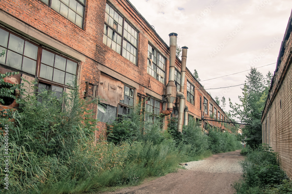 Abandoned factory - red brick ruins in industrial district overgrown with green plants and trees in summer