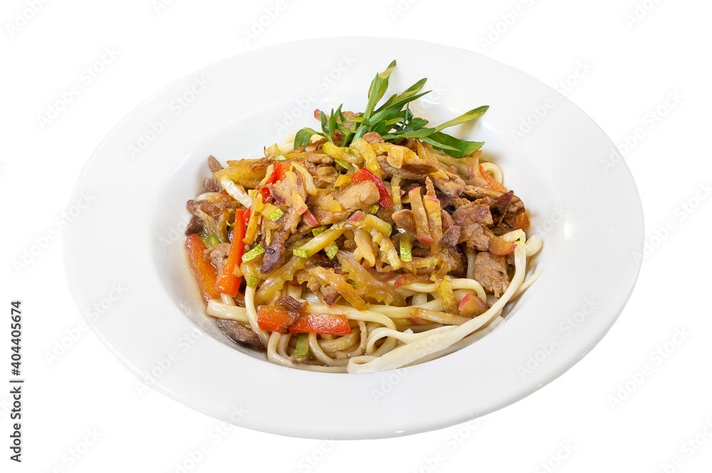 Restaurant service concept. Noodles with pork and mushroom stew. Isolated.