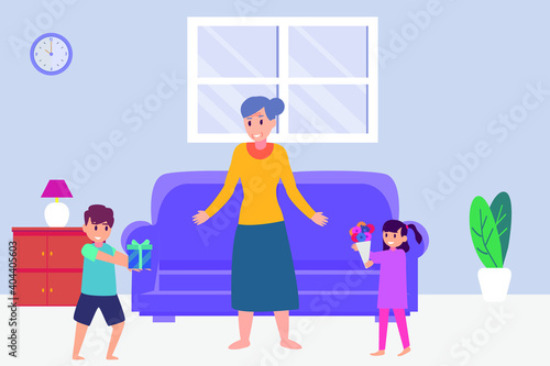 Quality time vector concept: Grandchildren giving gift and flower to their grandmother while standing at home