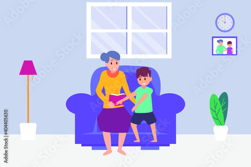 Quality time vector concept  Grandmother and little boy reading a book together while sitting on the sofa