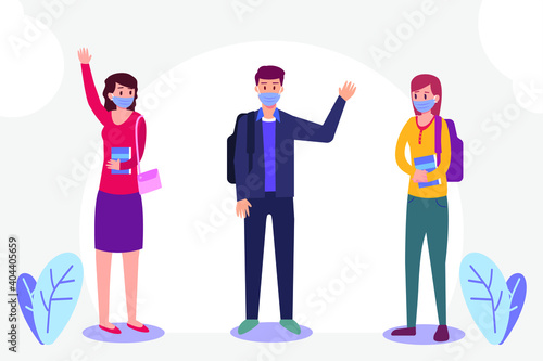 Back to school vector concept  Group of university students wearing face mask in new normal 