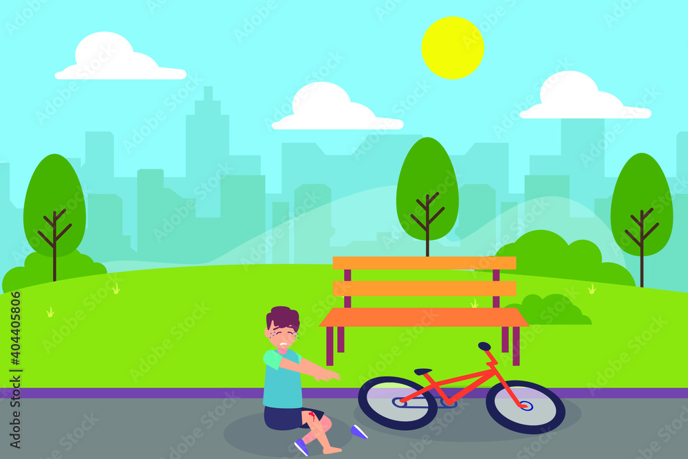 Childhood vector concept: Little boy falling from his bicycle while crying in the park