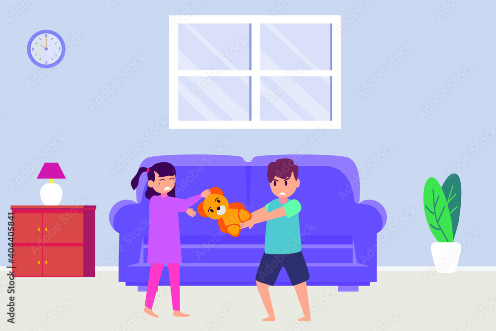 Childhood vector concept: Little boy grabbing a doll from his little sister while standing at home Childhood vector concept: Little boy grabbing a doll from his little sister while standing at home
