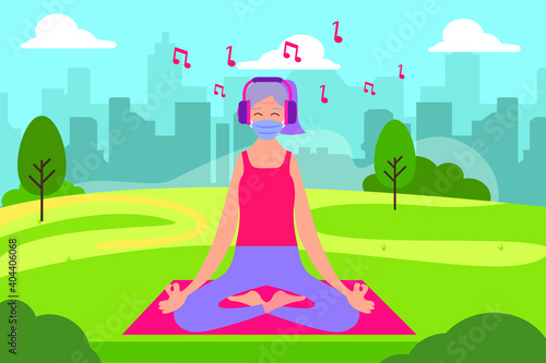 Listening music vector concept: Senior woman doing yoga while listening music in the park