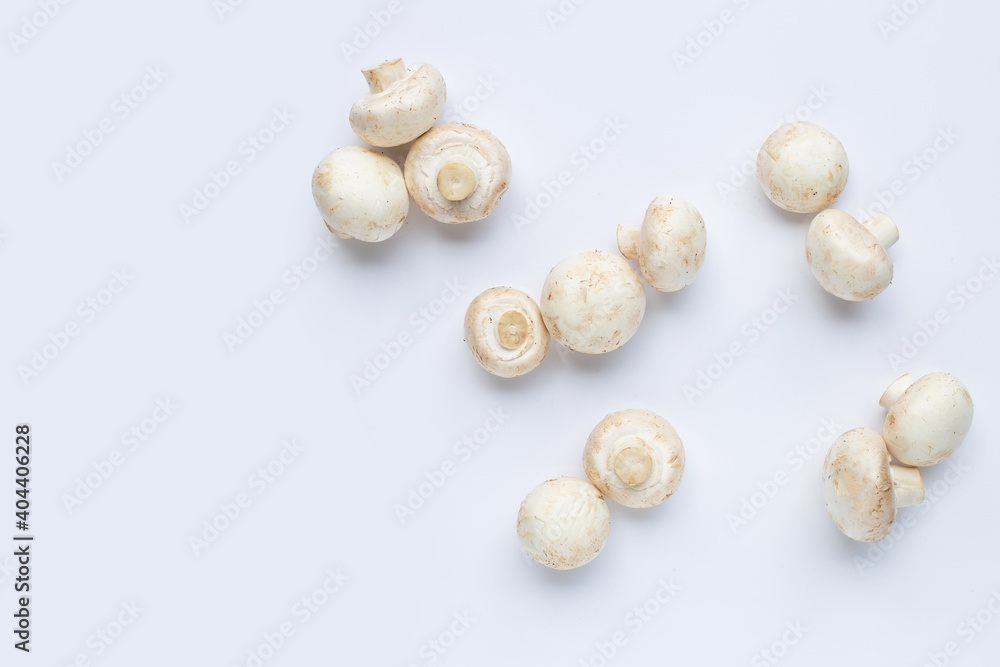 Champignon mushrooms on white background. Top view Champignon mushrooms on white background. Top view