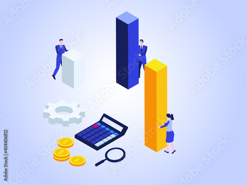 Business team arrange business graph around the calculator, money, magnifying glass, and business gears. Isometric vector concept