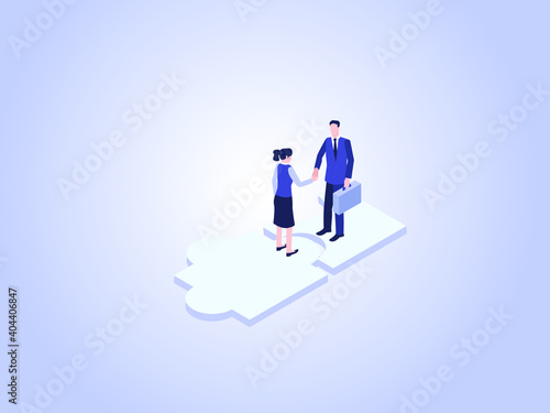Teamwork agreement vector concept. Businessman and businesswoman handshaking together while standing on the puzzle