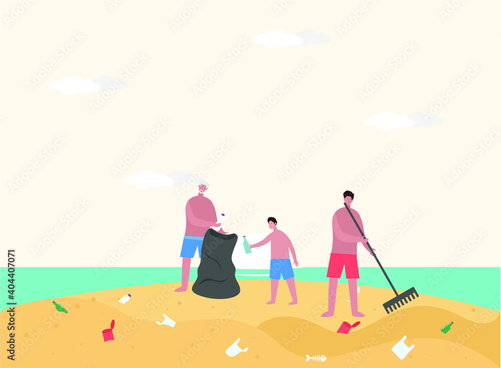 Saving environment vector concept: Three generation family clean up the beach by picking plastic waste in the sand