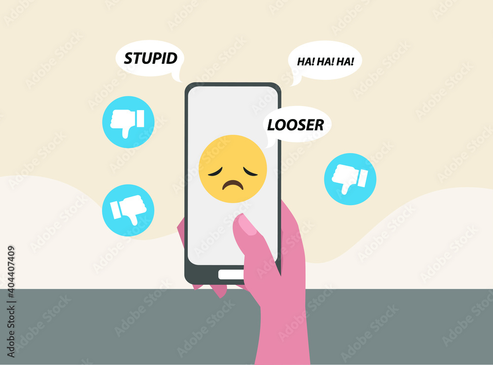 Cyber bullying vector concept: Hand using a mobile phone while being bullied with insulting messages and dislike symbol Cyber bullying vector concept: Hand using a mobile phone while being bullied with insulting messages and dislike symbol