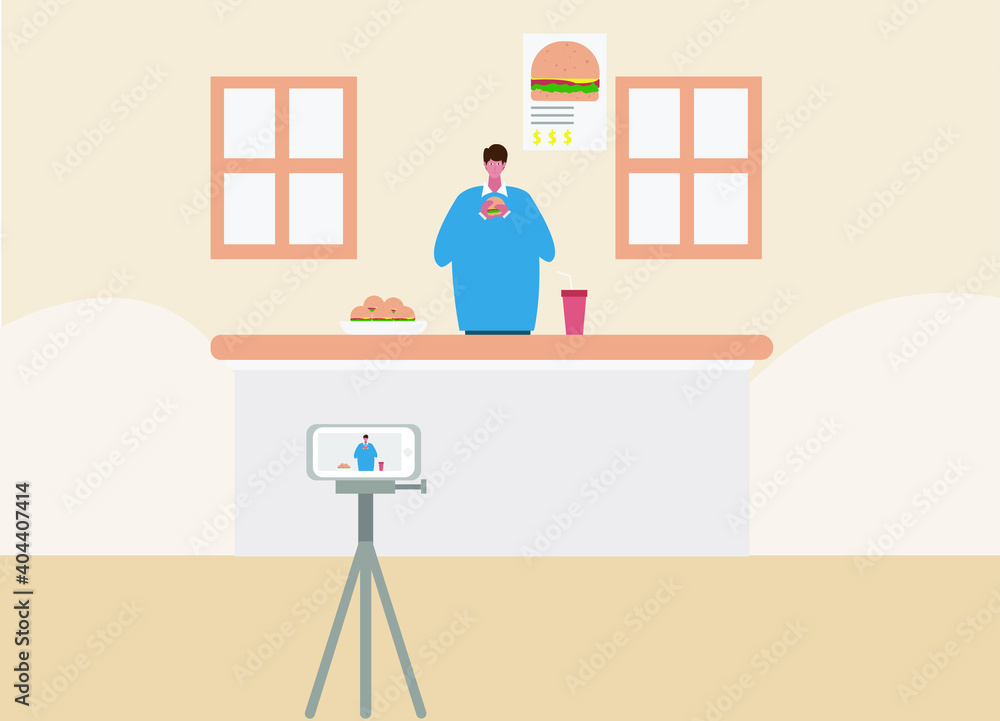 Food blogger vector concept: Male blogger sharing tasty burger review by using smartphone while standing in the kitchen at home