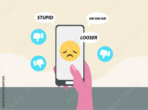 Cyber bullying vector concept: Hand using a mobile phone while being bullied with insulting messages and dislike symbol