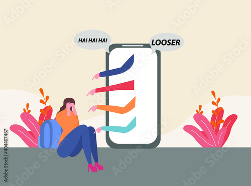 Cyber bullying vector concept: Female college student crying and sitting near mobile phone while having cyber bullying