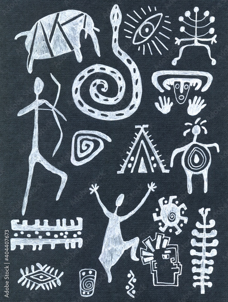 black and white rock paintings of people, hunters, animals, snakes and Mayan symbols, inca, aztec and ancient African tribal drawings,ornaments.American indians ancient totems.tattoo ethnic elements