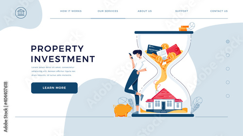 Property investment homepage template. Investor awaits a generating income from long-term investing. Passive income, cash flow, make money in real estate for website design. Flat vector illustration