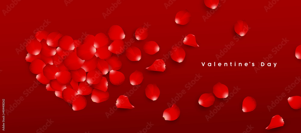 Valentine's day red rose petals heart shape and spread out, banners design on red background, Eps 10 vector illustration
