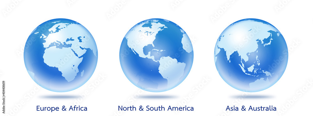 Transparent globes of Planet Earth like crystal in realistic 3D illustration rendering with clipping path. Global World map like glass ball showing oceans, land, America, Europe, Africa, Asia continen