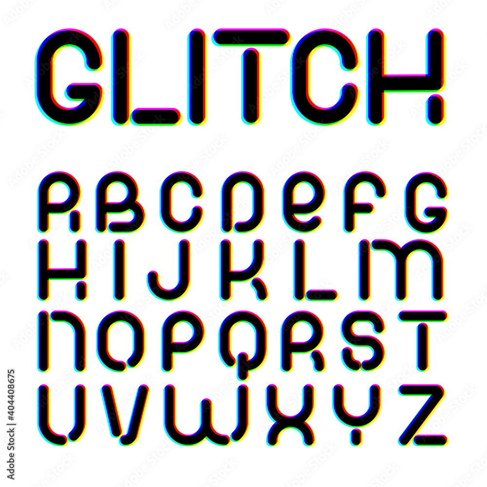 3d Glitch effect font. Latin letters from A to Z. Trending 2021 typerface design. For music events, banner, flyer, cover design. 3d Glitch effect font. Latin letters from A to Z. Trending 2021 typerface design. For music events, banner, flyer, cover design.