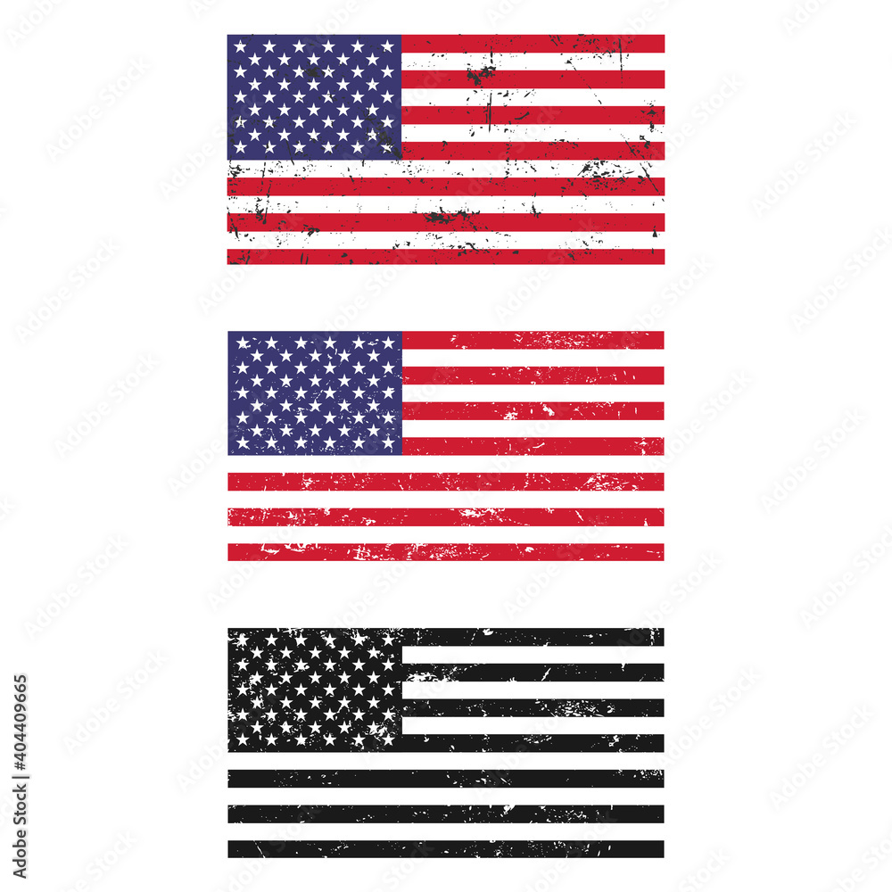 illustration set of american flags in grunge style on white background