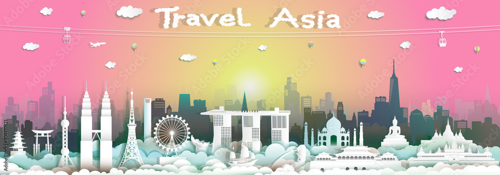 Landmarks of asean with skyline of city on pink background. Landmarks of asean with skyline of city on pink background.