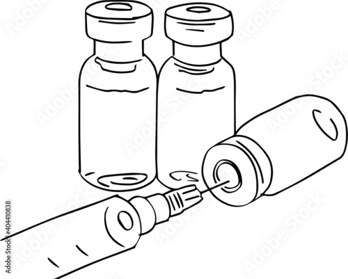 Vector doodle linear image illustration of vials with a vaccine and a syringe for injecting medication. Black and white isolate for the design of any themes, banners, creative.