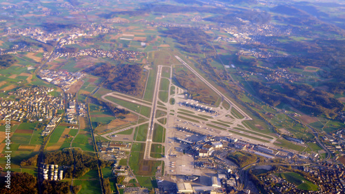 ZURICH, SWITZERLAND - 15th APRIL 2015: Aerial view of the multiple runways and terminals at Zurich international airport