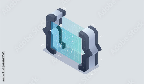 Program development and programming isometric icon, Artificial intelligence automated process big data processing.