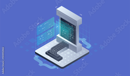 Software development, Concept of programming, data processing. Isometric vector illustration.